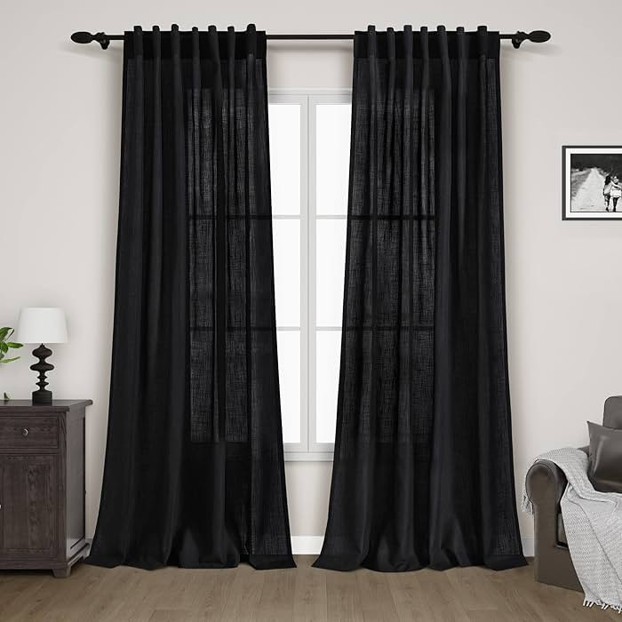 Nanspring Black Curtains 95 Inches Long 2 Panel Set Back Tab Sheer Black Linen Curtain Modern Far... | Amazon (US)