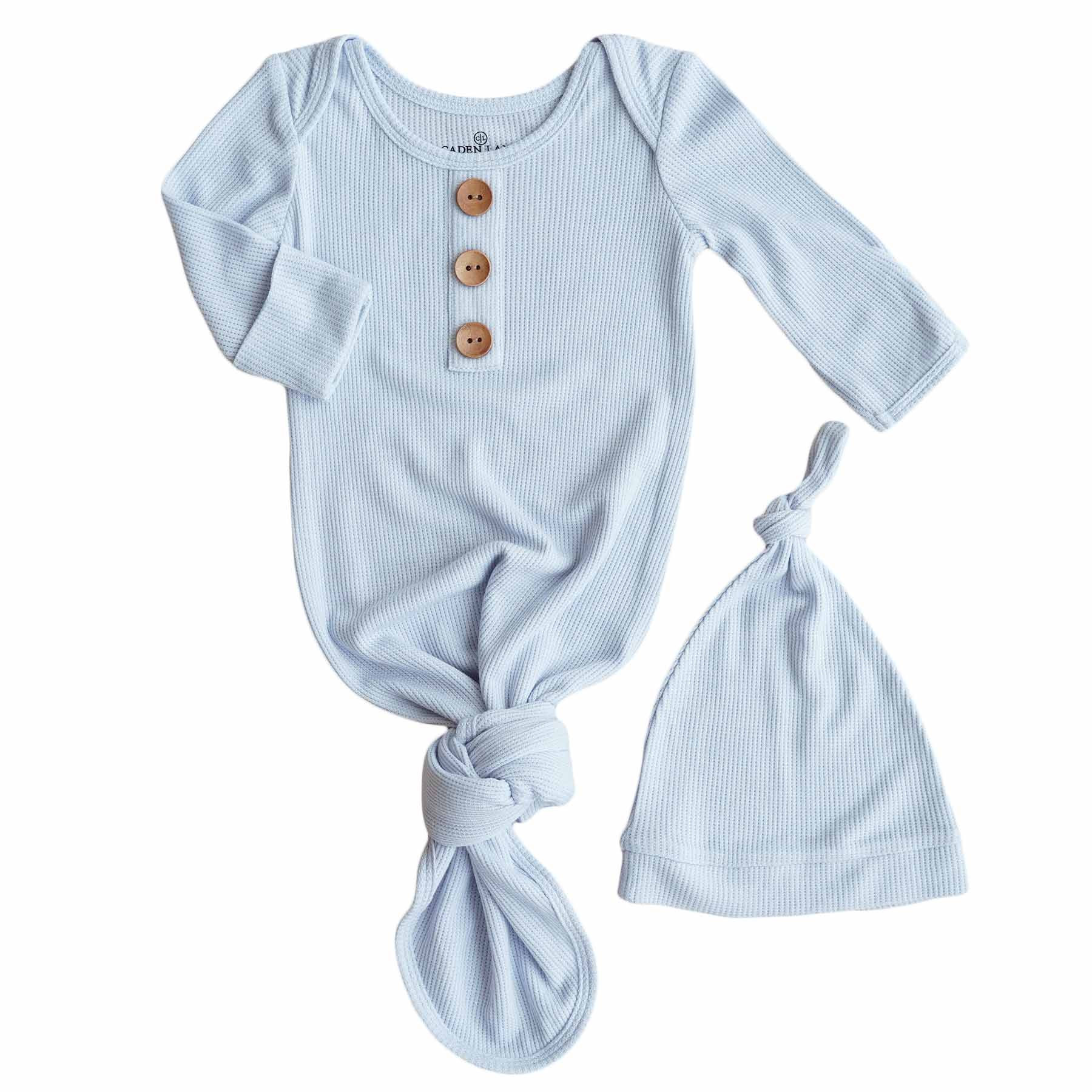 Ice Blue Bamboo Waffle Newborn Baby Knot Gown & Hat Set | Persnickety