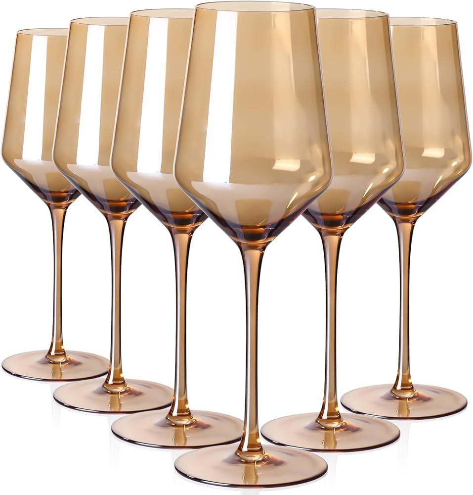 Amber Wine Glasses Set of 6 - Hand-Blown Long Stem Wine Glasses, Unique Wine Glasses Gift For Win... | Amazon (US)
