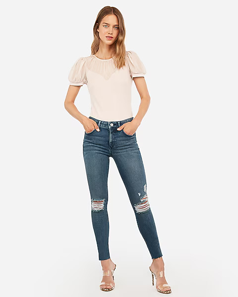 mid rise denim perfect lift ripped raw hem ankle leggings | Express