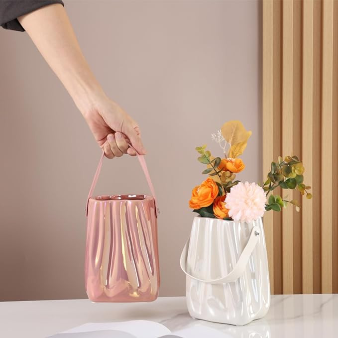 Silver Tote Bag Type Ceramic Vase for Living Room TV Cabinet Decorative Flower Vase White Table C... | Amazon (US)