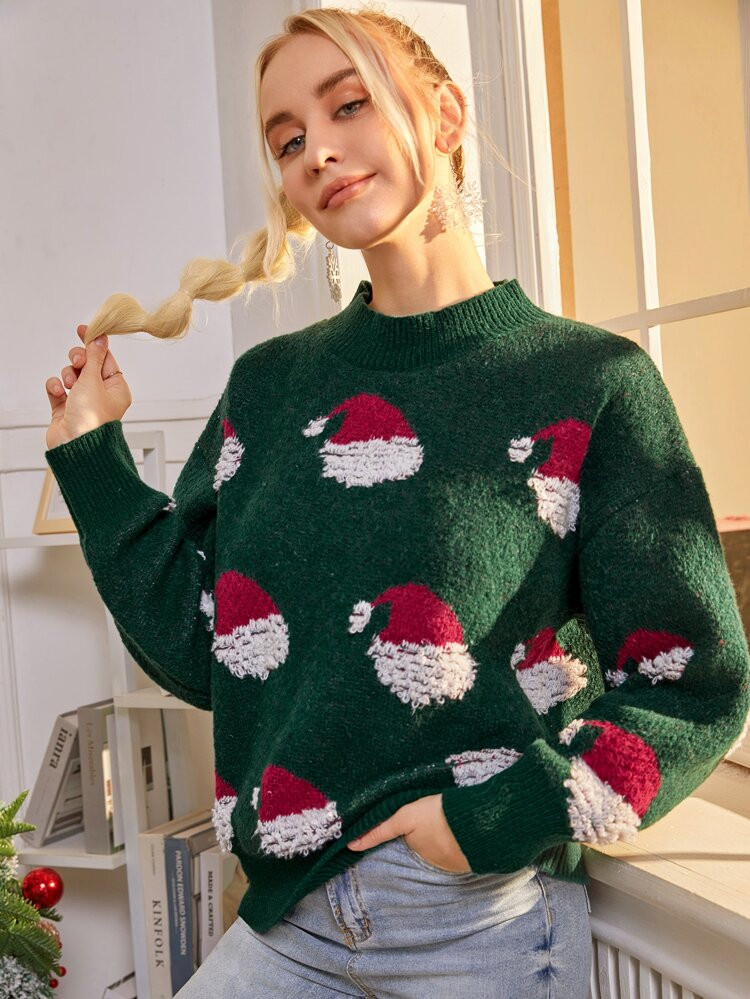 SHEIN Christmas Hat Pattern Mock Neck Sweater | SHEIN