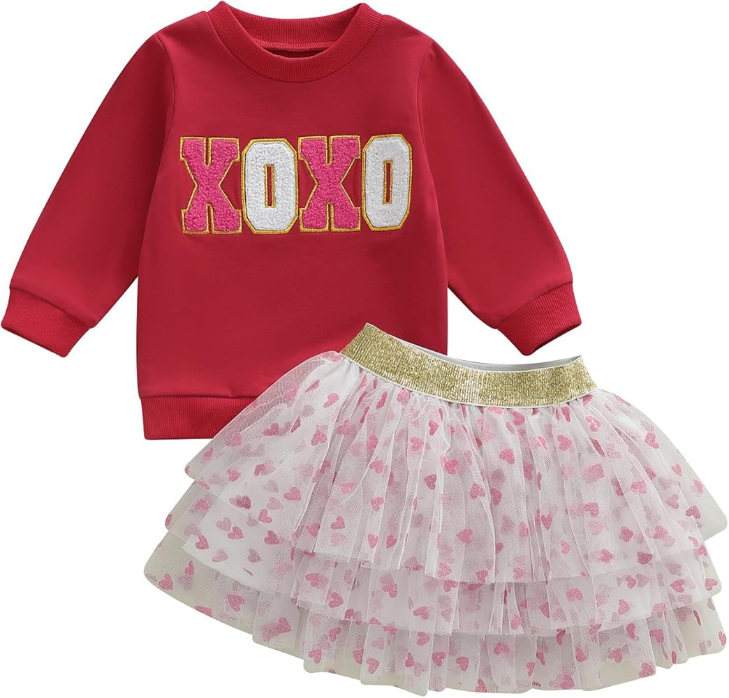 WZTYYDS Toddler Baby Girls Valentines Outfits Letter Embroidery Long Sleeve Sweatshirt Tops Tutu ... | Amazon (US)