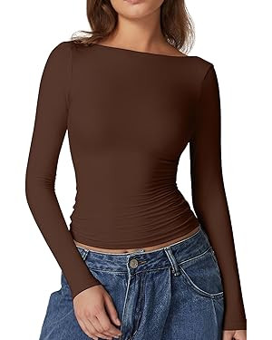 QINSEN Women's Sexy Open Back Long Sleeve Shirts High Neck Double Lined Tees Fitted Going Out Top... | Amazon (US)