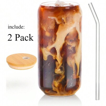 2 Pack Drinking Glass Cups, 16oz Can Shaped Glasses Cups, Iced Coffee Glasses, Beer Tumbler, For Whiskey, Soda, Tea, Juice, Gift, With Lid, Straw And | SHEIN