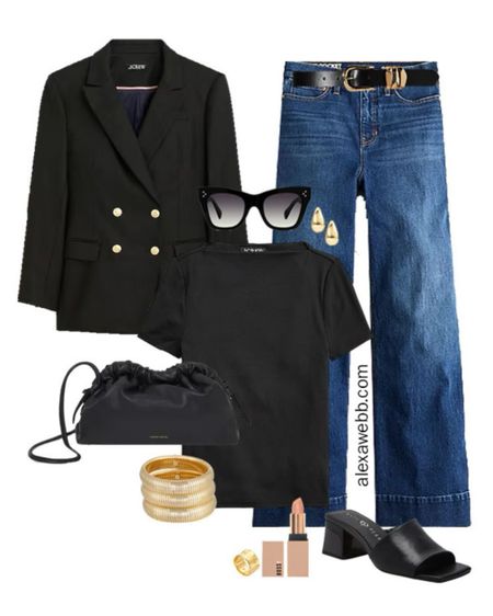 How to Wear Plus Size Wide Leg Jeans - A plus size casual outfit idea with wide leg jeans and a black fitted tee and black double breasted blazer. Alexa Webb #plussize

#LTKPlusSize #LTKOver40 #LTKStyleTip