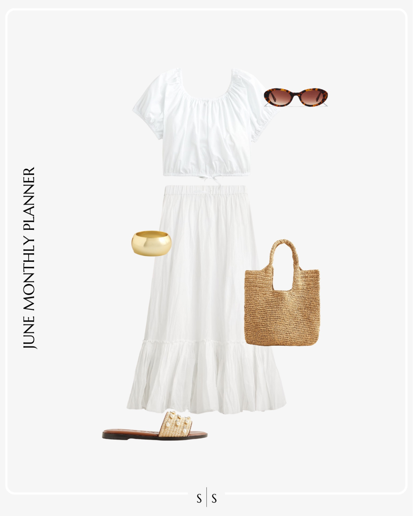 Monthly outfit planner JUNE: Spring & Summer looks | crop shirt, maxi skirt, woven tote, slide sandal, bangle, sunglassess

See the entire calendar on thesarahstories.com ✨ 


#LTKStyleTip