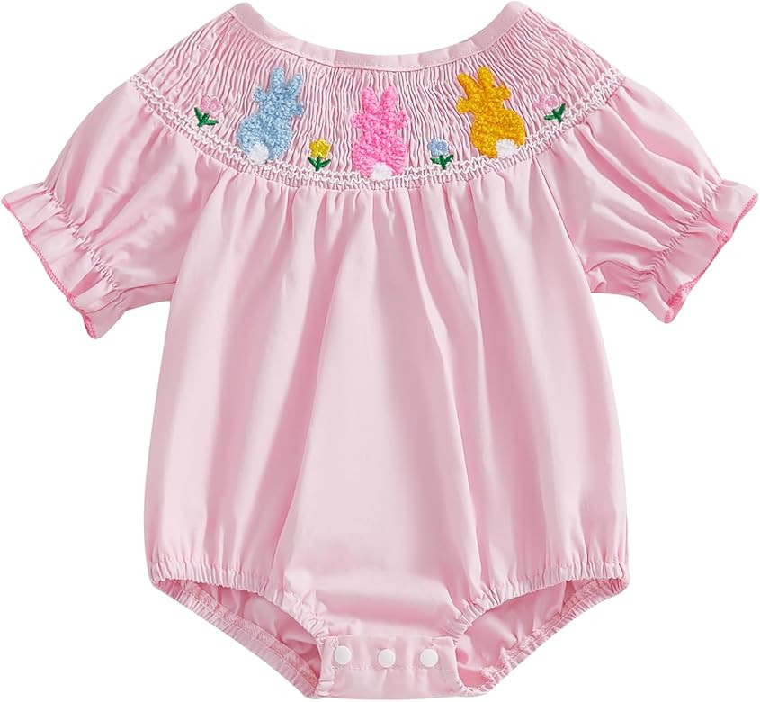 Baby Girls Easter Rompers Rabbit Embroidery Floral Print Short Sleeve 0 3 6 9 12 18 24 months | Amazon (US)