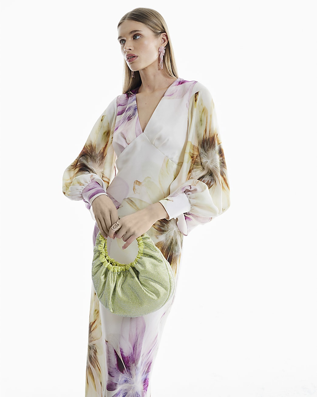 Cream Floral Long Sleeve V-Neck Midi Dress | River Island UK & IE