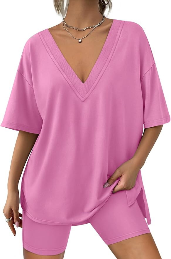 AUTOMET Womens 2 Piece Sets Summer Outfits Reversible Oversized T Shirts Tops Biker Shorts Lounge... | Amazon (US)