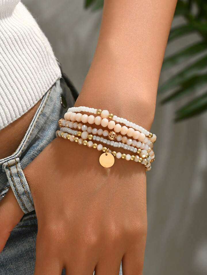 5pcs/Set Fashionable Multi-Layer Rice Bead Chain Bracelet Necklace Pendant Suit For Women Daily A... | SHEIN