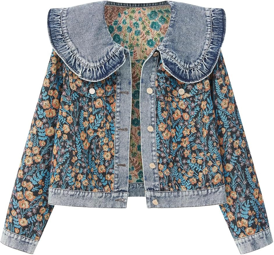 Xaspee Womens Peter Pan Collar Cropped Jean Jacket Embroidered Jacquard Long Sleeve Casual Floral... | Amazon (US)