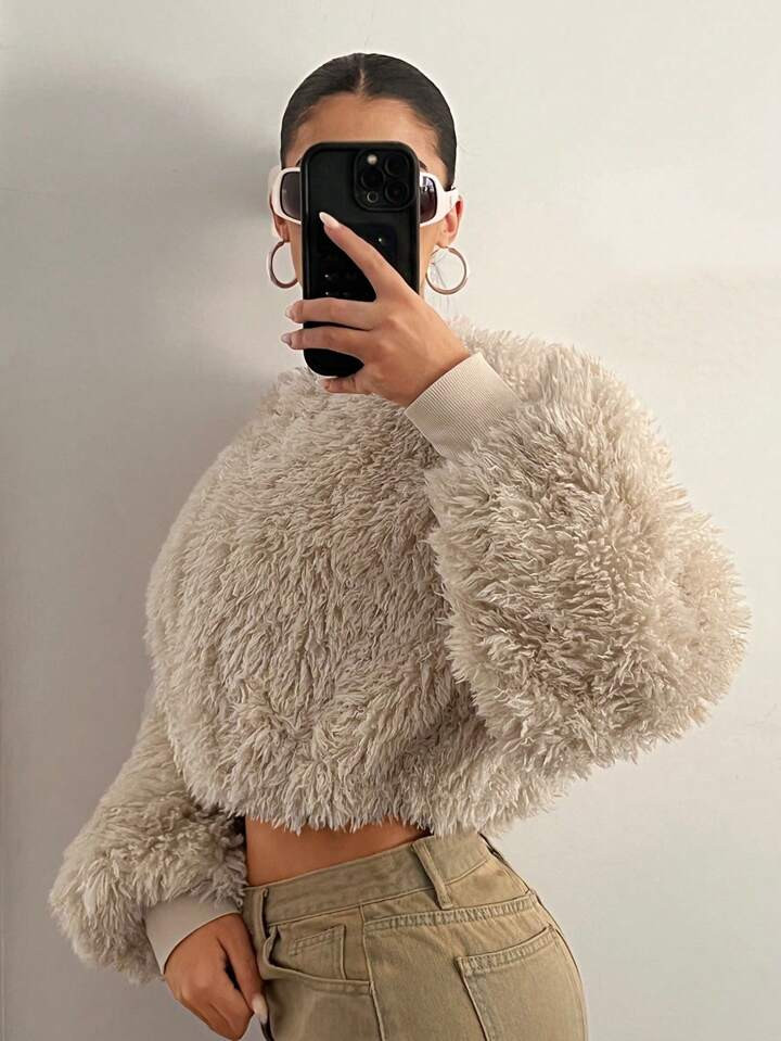 SHEIN ICON Women Solid Color Front Zipper Long Sleeve Plush Casual Jacket, Everyday Wear | SHEIN