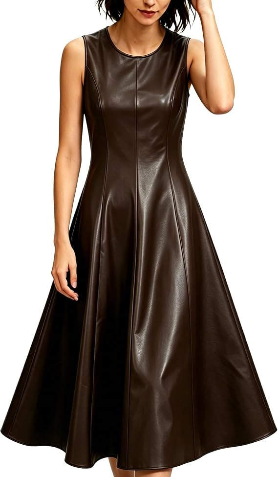 Qiaomai Womens Faux Leather Sleeveless Round Neck Elegant Flowy Flared Long Dress Party Night Out... | Amazon (US)