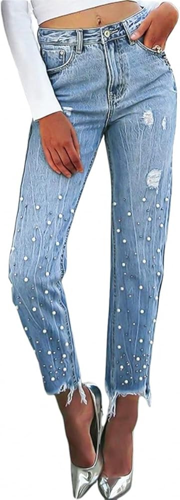 LifeShe Women's Pearl Jeans Mid Waisted Stretch Ripped Distressed Denim Pants Straight Leg Croppe... | Amazon (US)