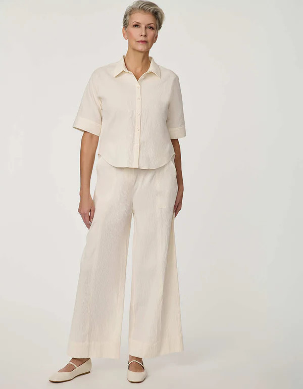 Dolman-Sleeve Seersucker Button-Up Shirt | Bernardo Fashions