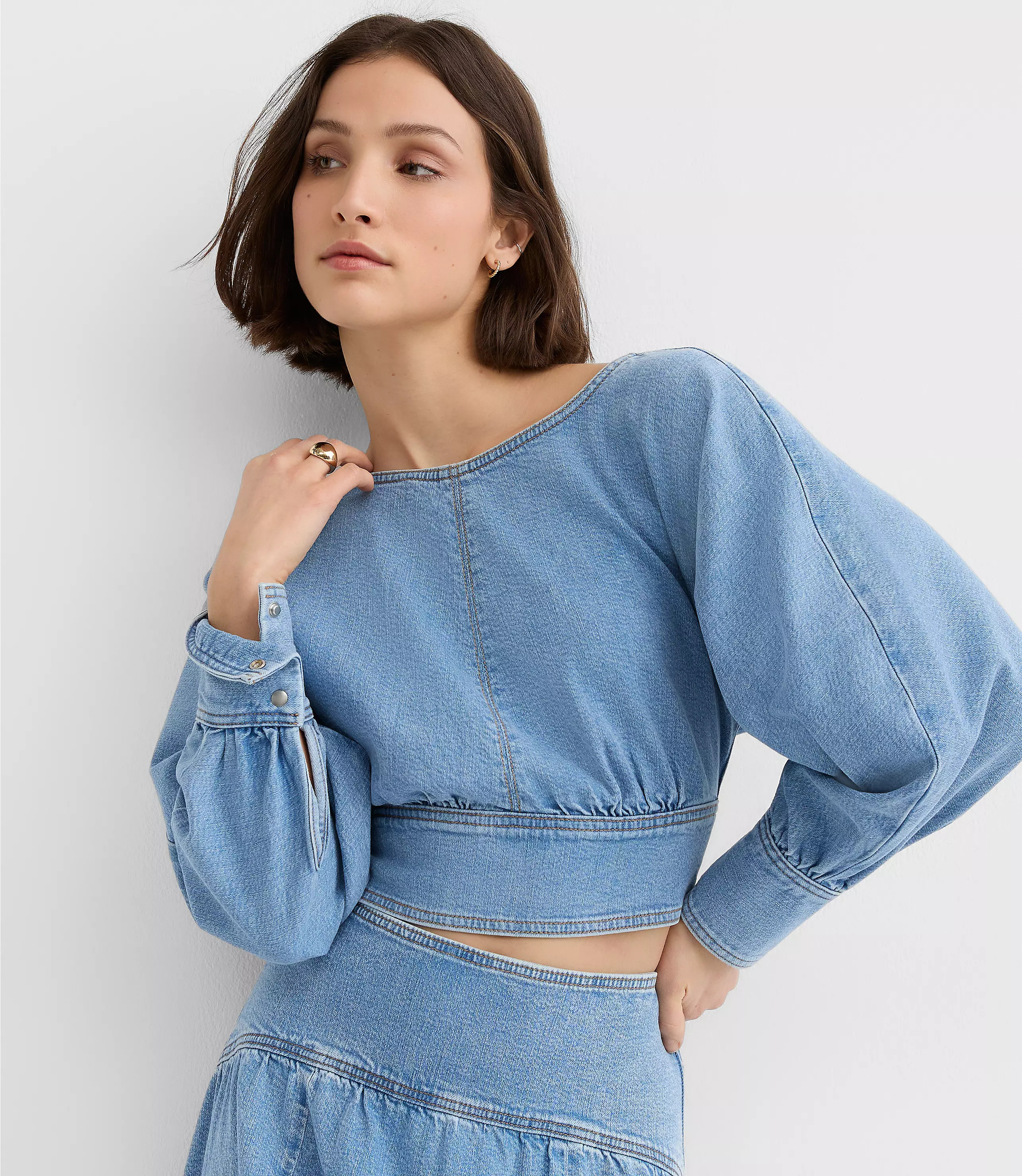 Yoke Denim Blouse in Light Wash Indigo | LOFT