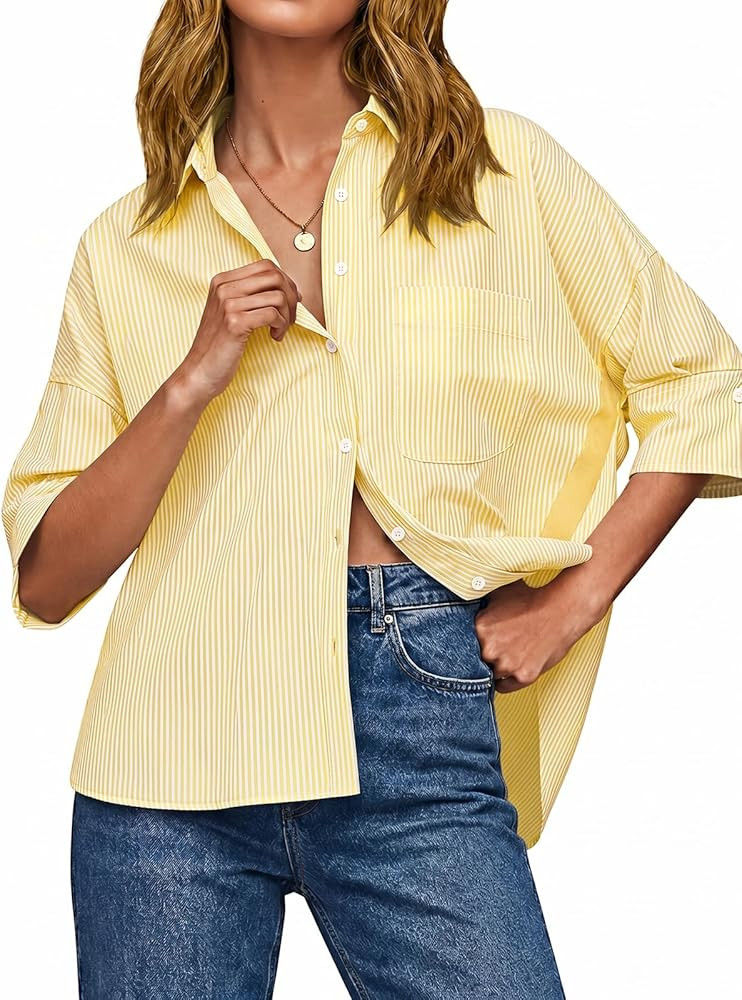 Cicy Bell Womens Summer Oversized Button Down Shirts Half Sleeve V Neck Business Casual High Low ... | Amazon (US)