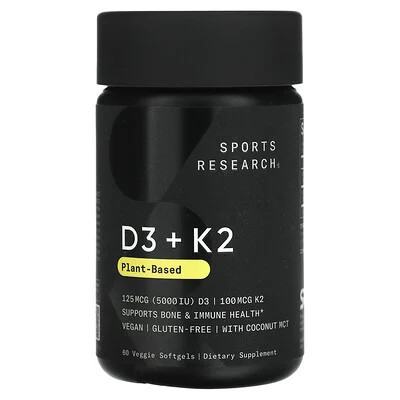Sports Research, D3 + K2, Plant Based, 125 mcg/100 mcg, 60 Veggie Softgels | iHerb