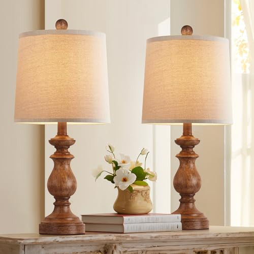 PARTPHONER Traditional Table Lamp Set of 2, Rustic Farmhouse Table Lamps for Living Room Bedroom, 22" Bedside Desk Lamps Vintage Nightstand Lamps with Linen Shades, Wood Grain | Amazon (US)
