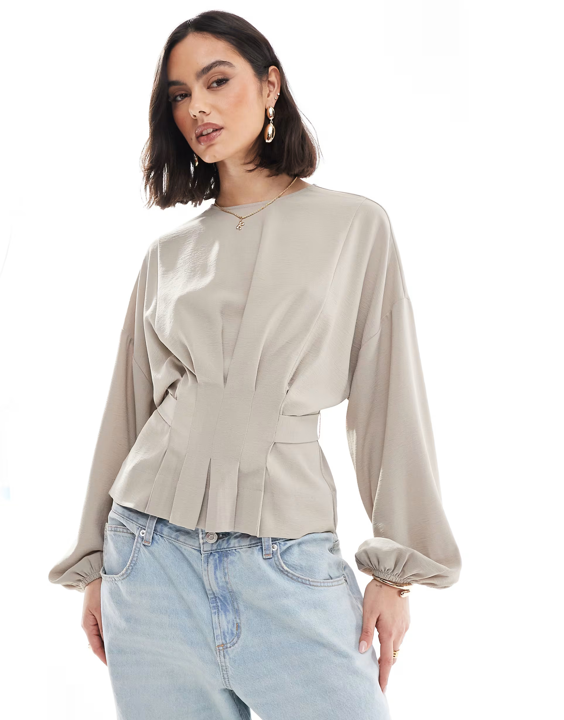 ASOS DESIGN cinched waist blouse with tie back detail in stone | ASOS (Global)