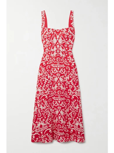 Saloni - Rachel Printed Linen Midi Dress - Red | NET-A-PORTER (US)
