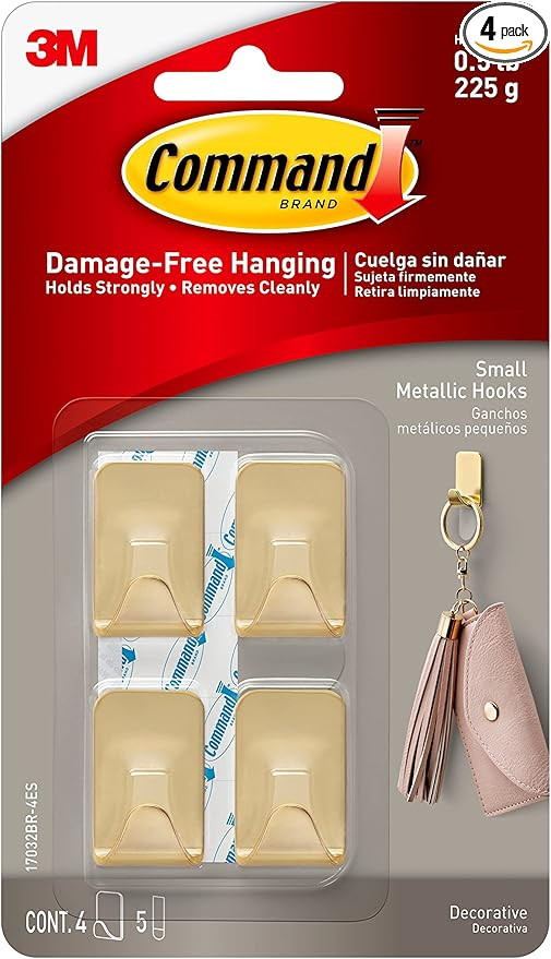 Command Small Metallic Hooks Brass Color, 4 Hooks and 5 Command Strips, Damage-Free Wall Hooks wi... | Amazon (US)