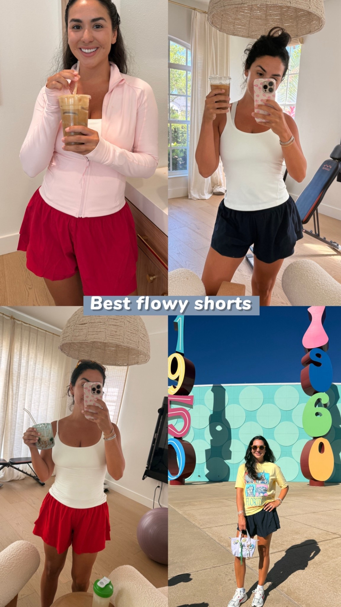 I do true to size medium. Built in liner so you feel covered. Flowy and flattering. Not too short either! I wear them to walk, workout, or lounge/ mom life! 