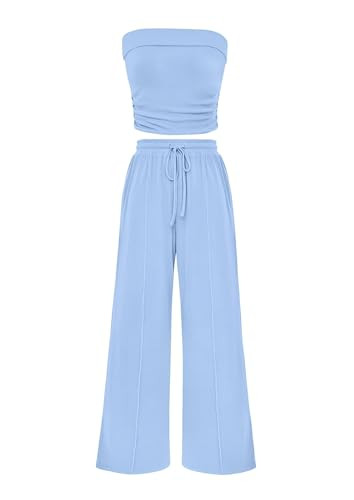 PRETTYGARDEN Womens Summer Outfits 2 Piece Sets Casual Ribbed Knit Crop Tube Top Wide Leg Pants Spring Matching Lounge Set(Light Blue,Medium) | Amazon (US)