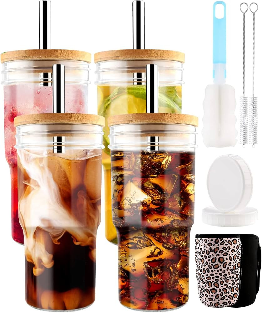 MOVNO Smoothie Mason Jar Cups with Lid And Straw, 22 oz Pack of 4 Reusable Boba Tea Drinking Jars... | Amazon (US)