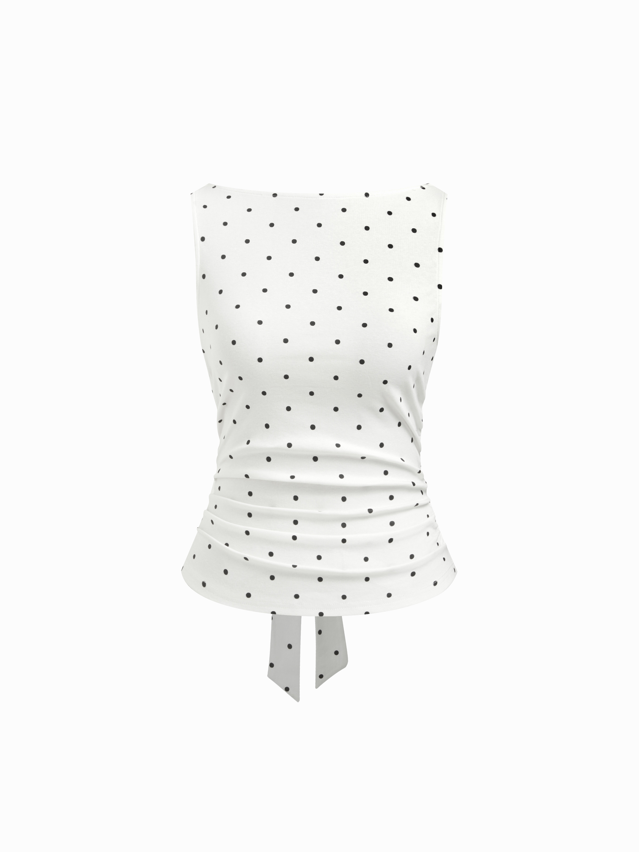 Knit Fabric Cotton-blend Boat Neck Knotted Polka Dot Ruched Tank Top For Daily Casual | Cider