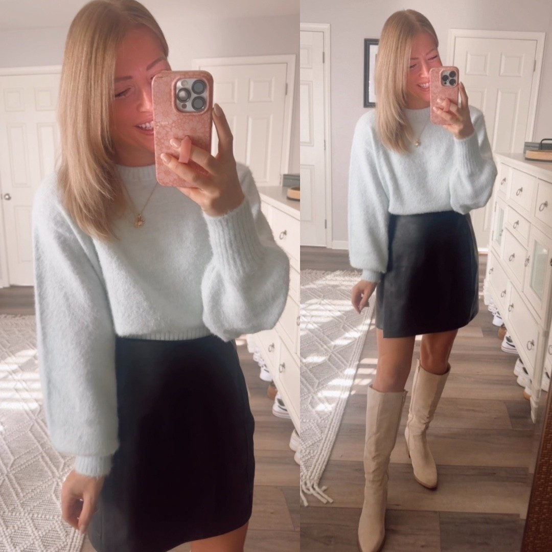 The cutest combo from old navy sweater is so soft with eyelash texture -in my true size small

Faux leather skirt I could have sized down 

Boots true to size 