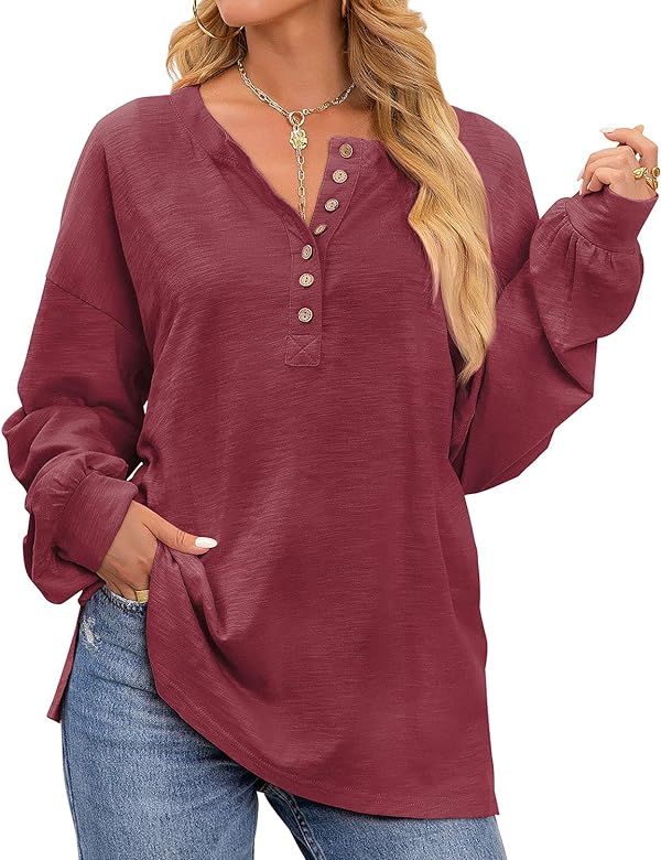 Phortric Women's V Neck Long Sleeve Henley Tops Casual Oversized Button Down Knitted Blouse Shirt... | Amazon (US)