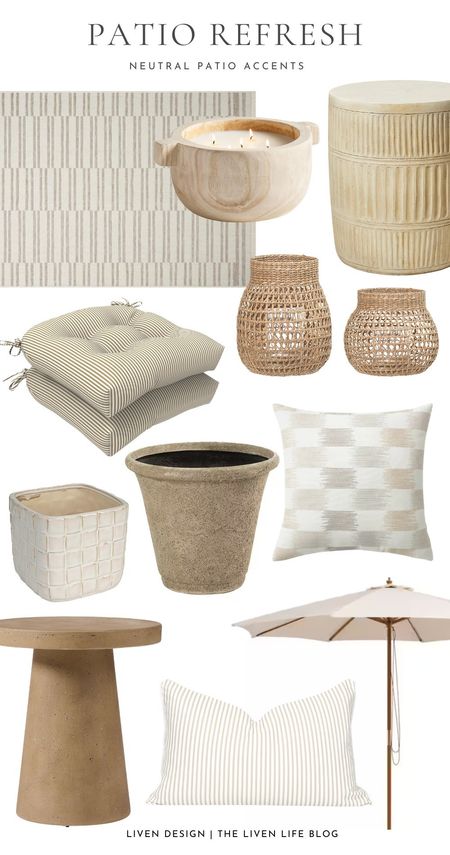 Patio decor. Patio accents. Home decor. Outdoor patio accent side table. Garden stool. Neutral patio decor. Citronella candle. Wicker lantern candle holders. Outdoor chair cushions. Outdoor pillows. Outdoor neutral rug. Planter. Outdoor patio umbrella. 

#LTKSeasonal #LTKHome #LTKStyleTip