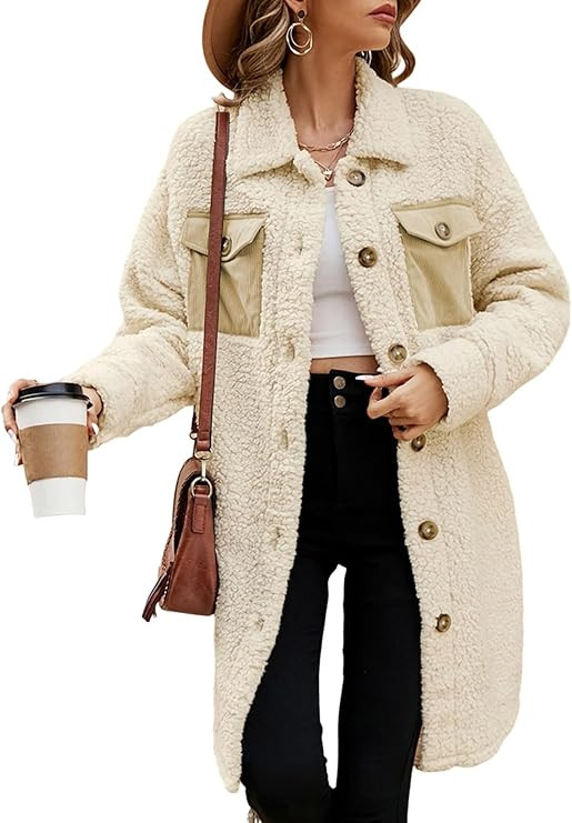 EVALESS Fuzzy Fleece Jackets for Women Fashion Long Sleeve Lapel Button Down Long Teddy Coat Faux... | Amazon (US)