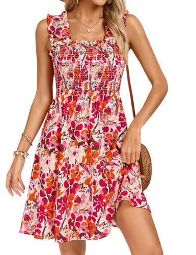 Kate Kasin Short Summer Dresses for Women 2025 Sleeveless Red Floral Sundress A Line Casual Smocked Beach Hawaiian Dresses S | Amazon (US)