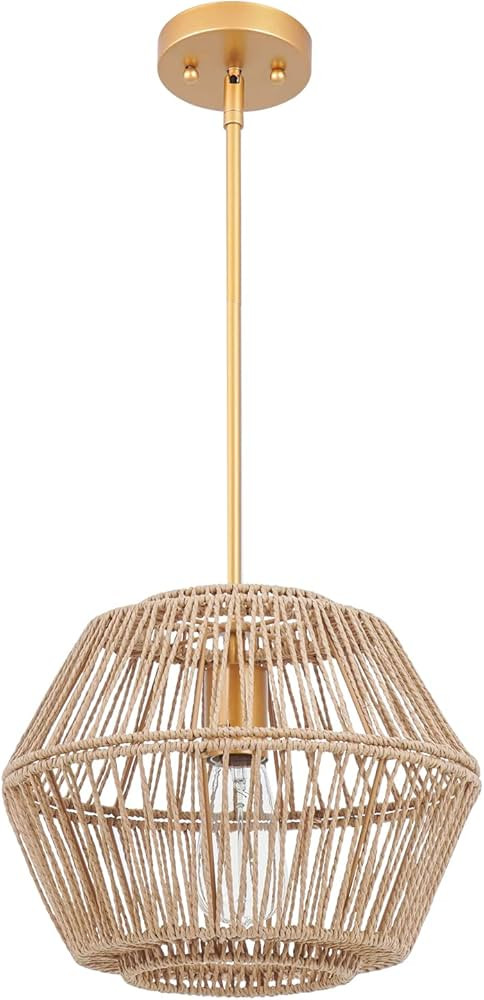 VILUXY Woven Rattan Pendant Light Fixture, Hand-Worked Cage Shade Natural Abaca Rope Chandelier A... | Amazon (US)