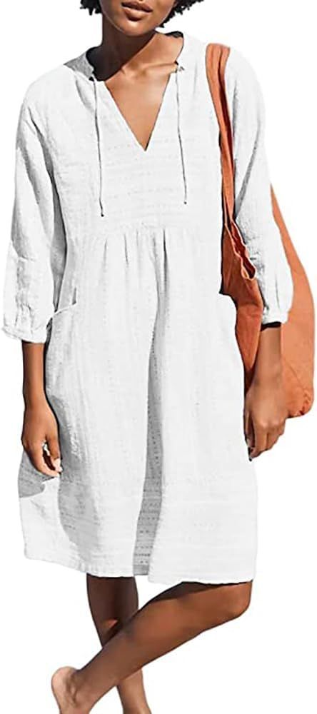 Womens V Neck Cotton Casual Loose Shift Tunic Smock Summer Dresses Vacation Dress 3/4 Sleeve Pock... | Amazon (US)