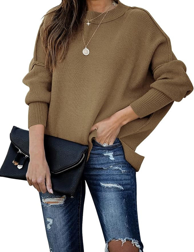 SERAIH Womens Batwing Sleeve Pullover Loose Side Split Oversized Solid Sweaters Drop Shoulder Slo... | Amazon (US)