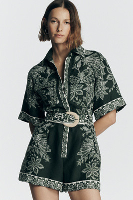 Farm Rio Miranda Short-Sleeve Belted Linen Romper | Anthropologie (US)