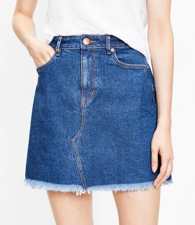 Frayed Denim Shift Skirt in Mid Indigo Wash | LOFT