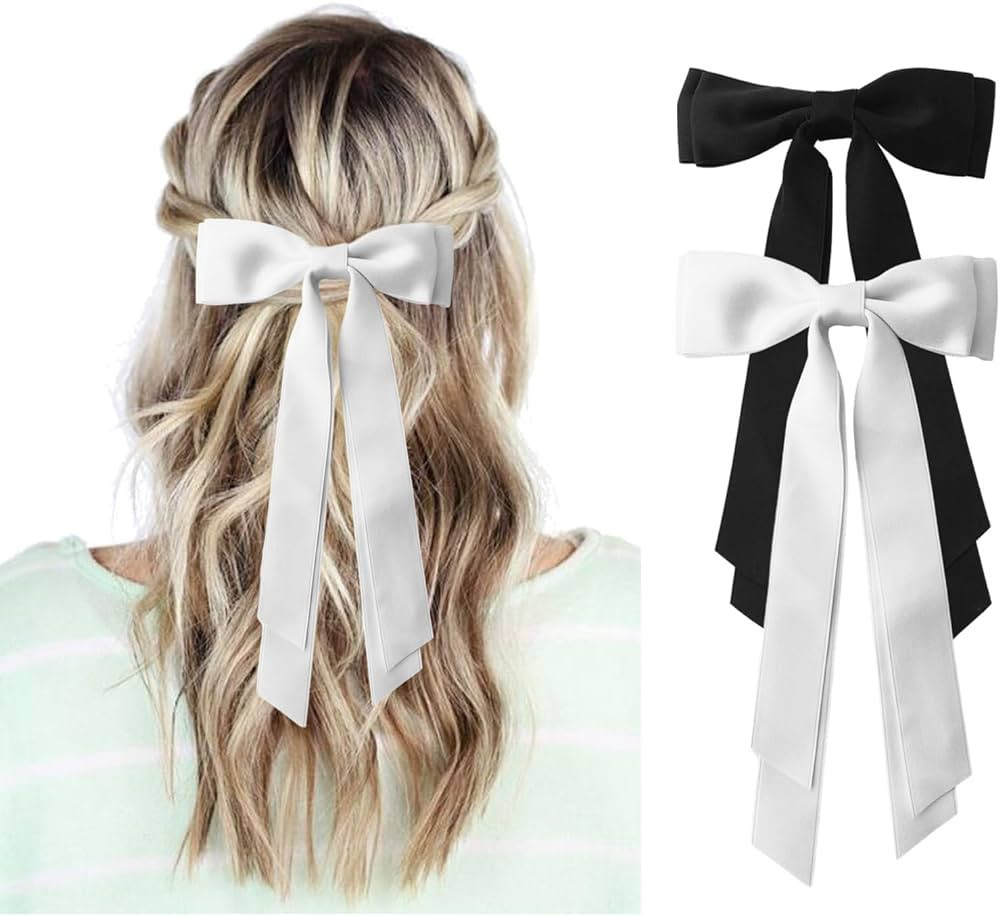 Black and White Hair Bows for Women - 2Pcs Silkly Satin Hair Ribbon Bow with Metal Clips Hair Acc... | Amazon (US)