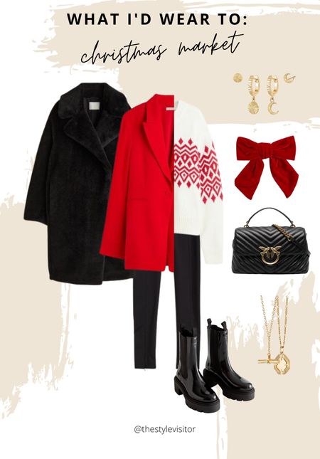 Casual chic weekend outfit with christmas jumper and red blazer. Paired it with chelsea boots and a furry jacket for extra comfort. This look is 20-30 % off today, including the bag/jewellery. Read the size guide/size reviews to pick the right size.

Leave a 🖤 to favorite this post and come back later to shop

#christmas outfit #faux fur coat #black leggings #black bag #black friday