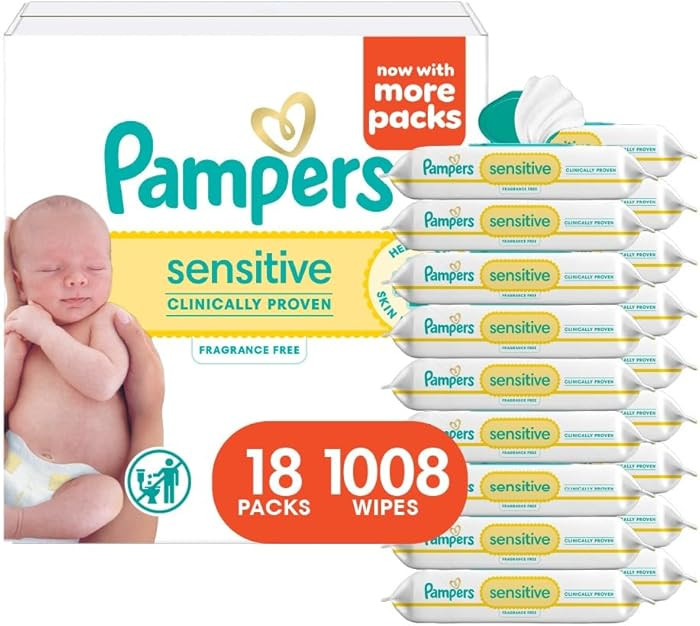Pampers Sensitive Baby Wipes, Water Based, Hypoallergenic and Unscented, 18 Flip-Top Packs (1008 ... | Amazon (US)