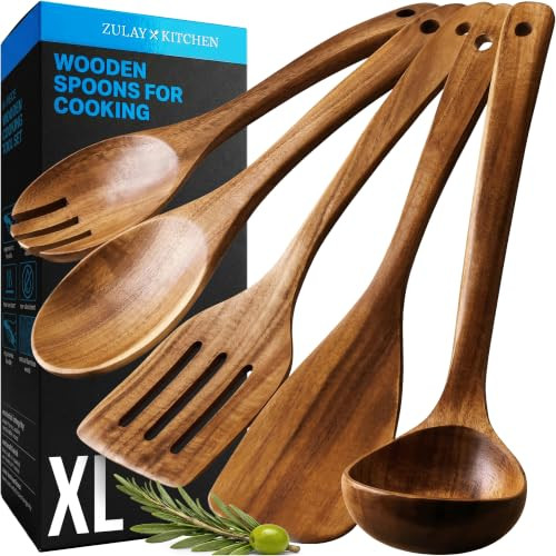 Zulay Kitchen Extra-Large 5-Piece Wooden Spoon Set - Smooth Teak Cooking Utensils - Comfort-Grip Non-Stick Turner, Spatula, Skimmer, Fork, Serving Spoon | Amazon (US)