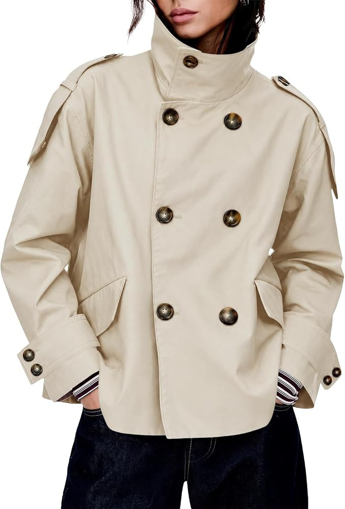 Tankaneo Womens Cropped Trench Coat Oversized Double Breasted Casual Jacket | Amazon (US)