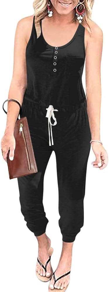 Amazon.com: ANRABESS Womens Summer Button Scoop Neck Sleeveless Tank Top Elasitic Waist Jumpsuits Ro | Amazon (US)