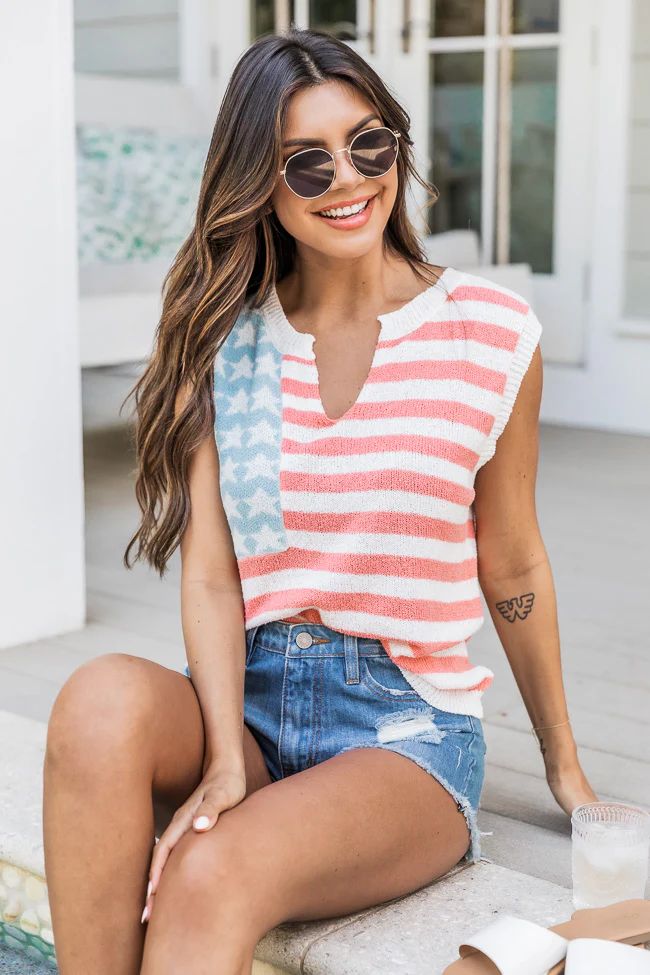 Final Moment Notched Neck Flag Sweater Tank | Pink Lily