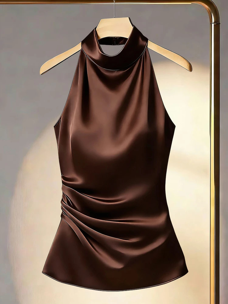 Franclia Women's Solid Color Halter Neck Drape Elegant Fitted Blouse, Summer | SHEIN
