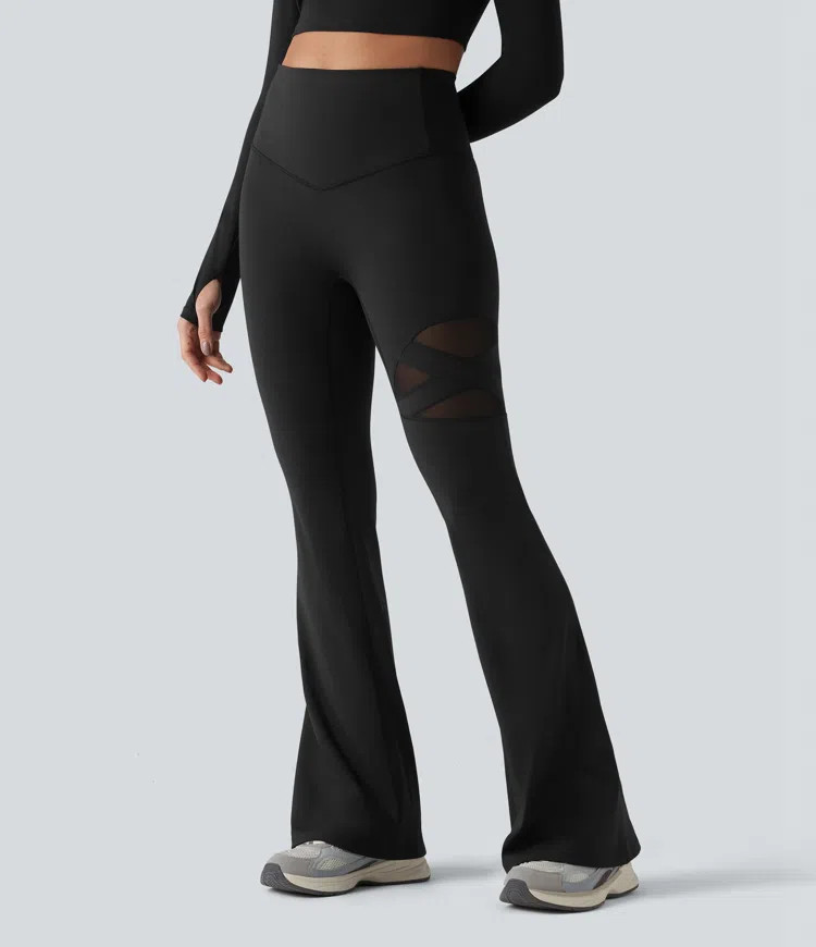 Women’s High Waisted Tummy Control Breathable Mesh Flare Casual Leggings with Pocket - Halara | HALARA